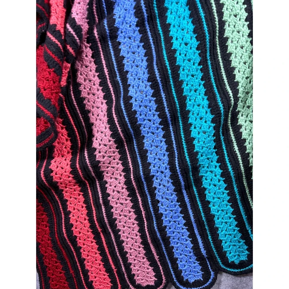 Vintage Handmade Crochet Rainbow Stripe Blanket Scalloped‎ Edge Throw 41x52